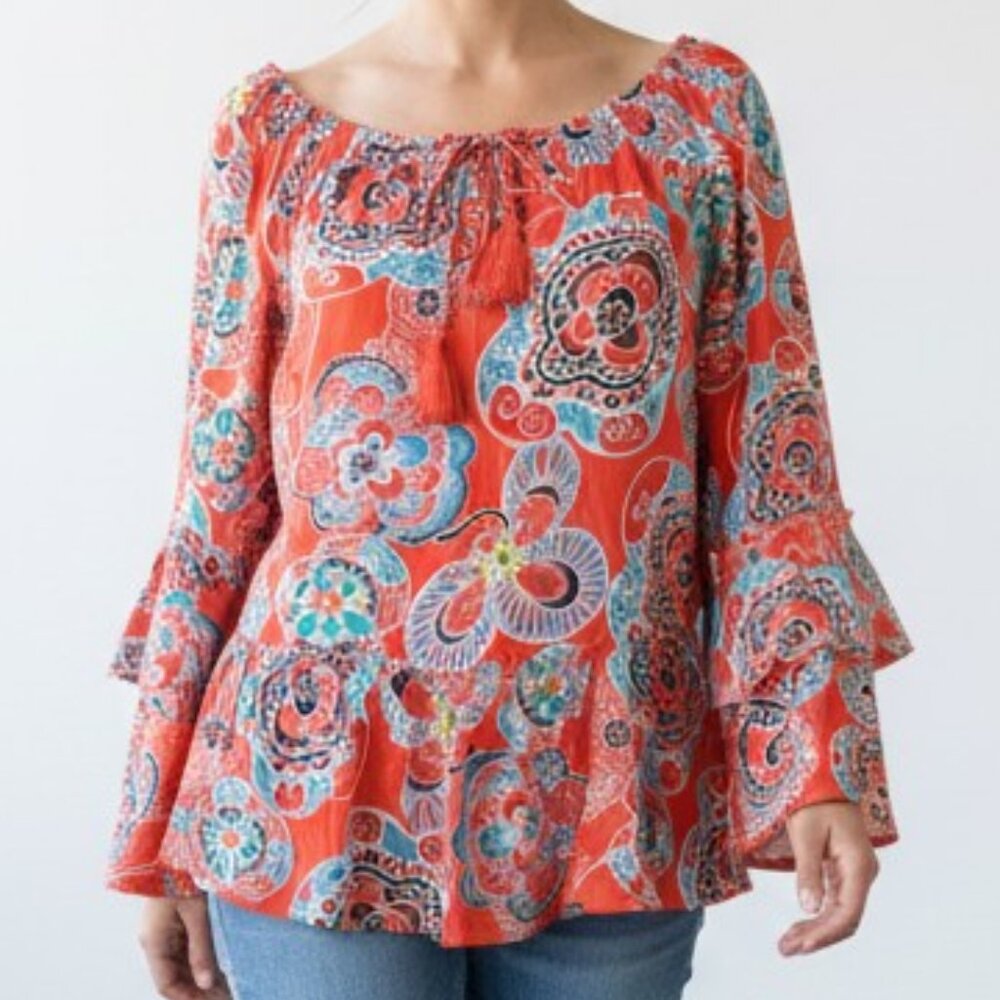 Paisley Peasant Blouse Top Womens Large Boho Festival Flowy Bell Sleeve Tassel